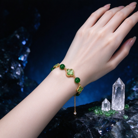 Luxury Green Clover & Green Jade Bead Gold Plated Bracelet, Four Leaf Clover Crystal Bracelet, Adjustable Magnet Clasp Vintage Elegant Bracelet, Women Fashion Jewelry Gift
