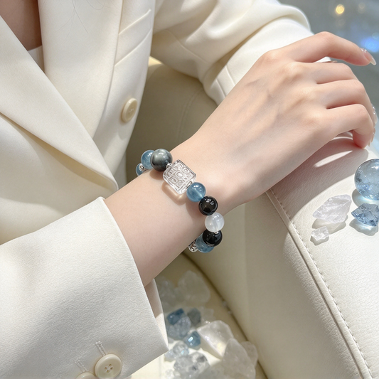 Grey Blue Cat Eye Crystal Beaded Bracelet, Natural Hawk's Eye & Aquamarine Mixed Crystal Bracelet for Women, Spiritual Healing Stone Stretch Bracelet