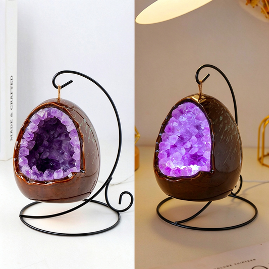 Amethyst Egg Geode Crystal Lamp, Purple Amethyst Cluster LED Nightlight, Spiritual Home Decor & Unique Gift