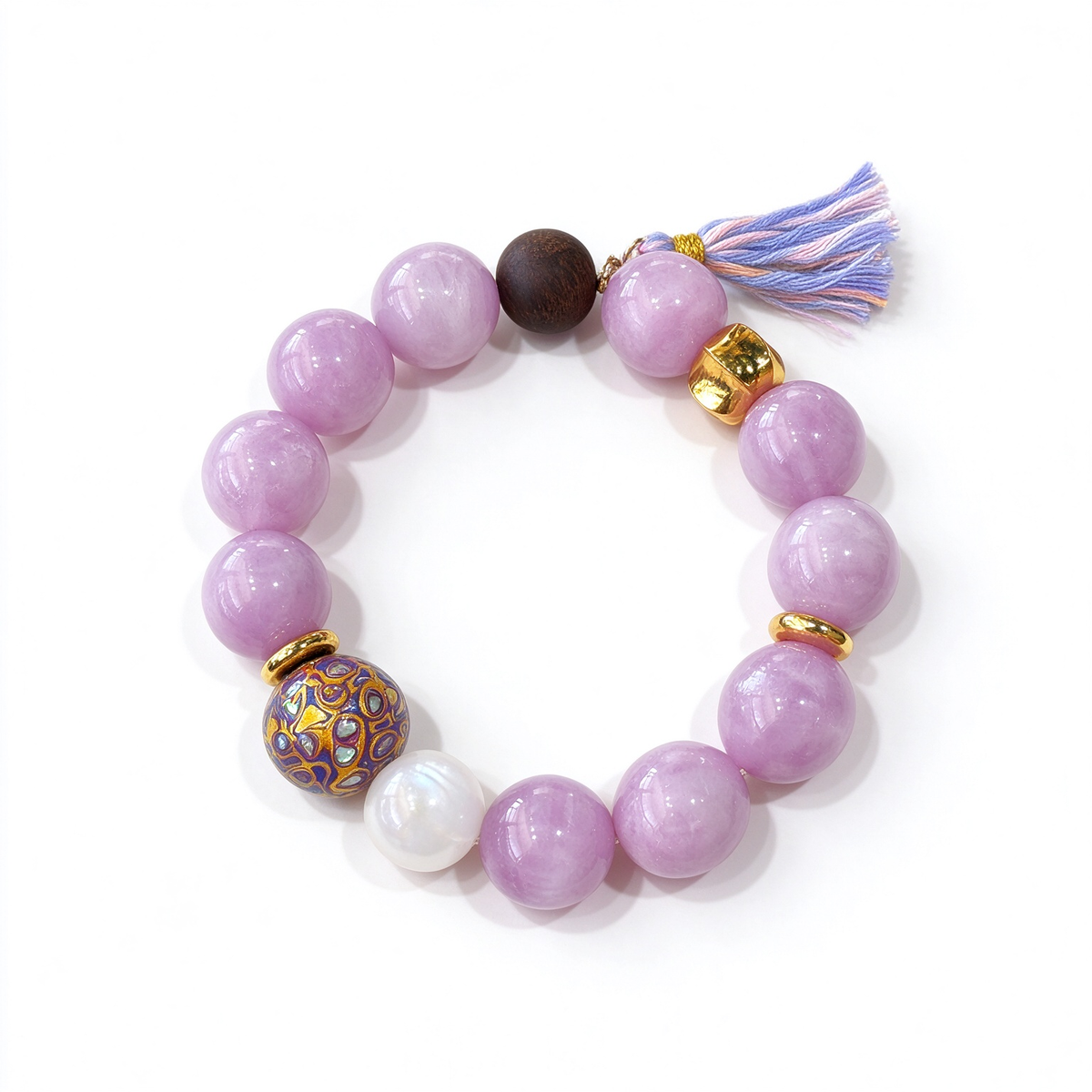 Kunzite Crystal Bracelet with Cloisonne & Tassel, Natural Lavender Kunzite Beaded Bracelet, Unique Bohemian Spiritual Jewelry Gift