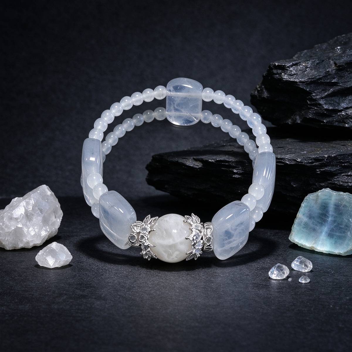 Handmade Snow Phantom Quartz Crystal Bracelet, Natural Snowy Inclusion Phantom Stone Bracelet, Women Spiritual Energy Jewelry