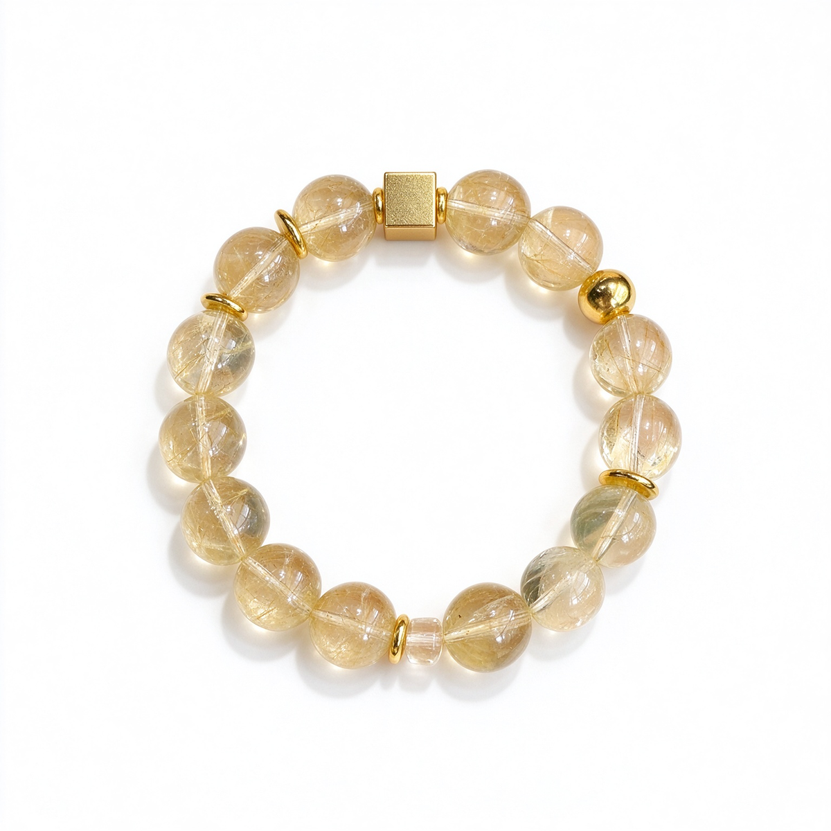 Natural Golden Rutilated Quartz Beaded Bracelet, Handmade Crystal Bracelet with Matte Gold Accents, Wealth Energy Healing Crystal Jewelry for Men Women