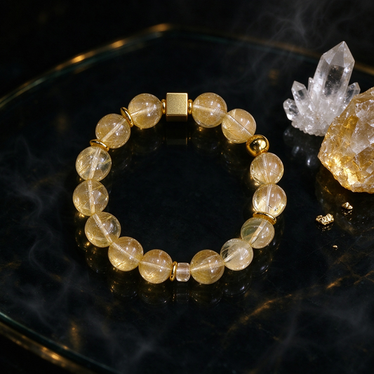 Natural Golden Rutilated Quartz Beaded Bracelet, Handmade Crystal Bracelet with Matte Gold Accents, Wealth Energy Healing Crystal Jewelry for Men Women