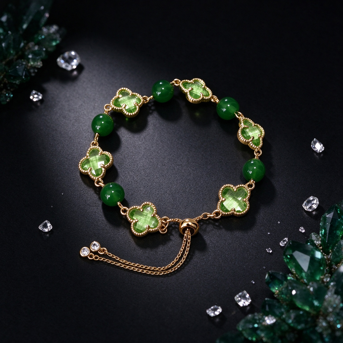 Luxury Green Clover & Green Jade Bead Gold Plated Bracelet, Four Leaf Clover Crystal Bracelet, Adjustable Magnet Clasp Vintage Elegant Bracelet, Women Fashion Jewelry Gift