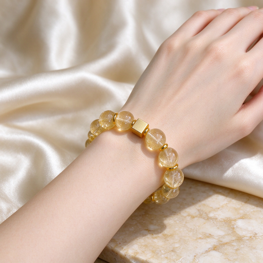 Natural Golden Rutilated Quartz Beaded Bracelet, Handmade Crystal Bracelet with Matte Gold Accents, Wealth Energy Healing Crystal Jewelry for Men Women