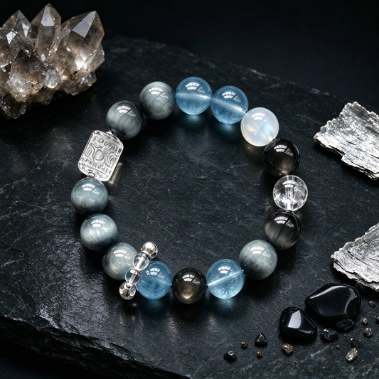 Grey Blue Cat Eye Crystal Beaded Bracelet, Natural Hawk's Eye & Aquamarine Mixed Crystal Bracelet for Women, Spiritual Healing Stone Stretch Bracelet