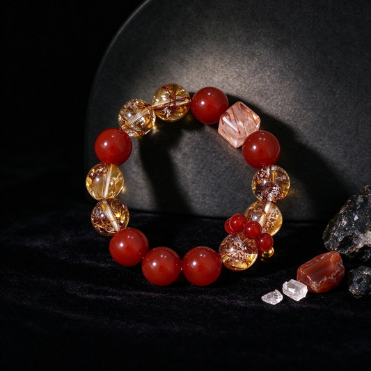 Red Gold Crystal Beaded Bracelet, Handmade Carnelian Style Red Bracelet with Pink Faceted Bead & Red Flower Charm, Women's Daily Wear Spiritual Jewelry