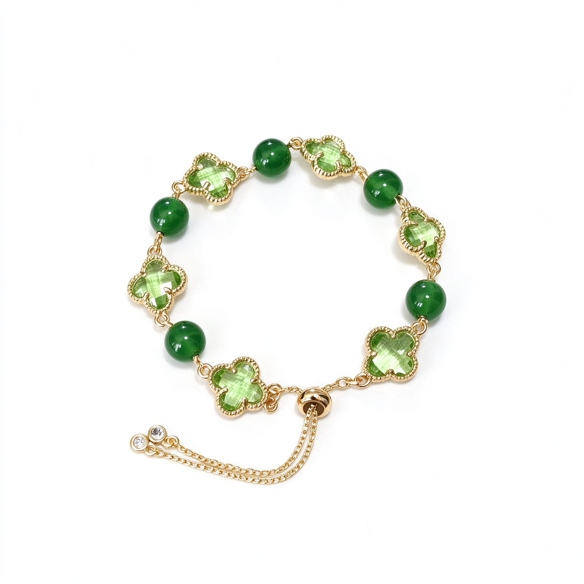 Luxury Green Clover & Green Jade Bead Gold Plated Bracelet, Four Leaf Clover Crystal Bracelet, Adjustable Magnet Clasp Vintage Elegant Bracelet, Women Fashion Jewelry Gift