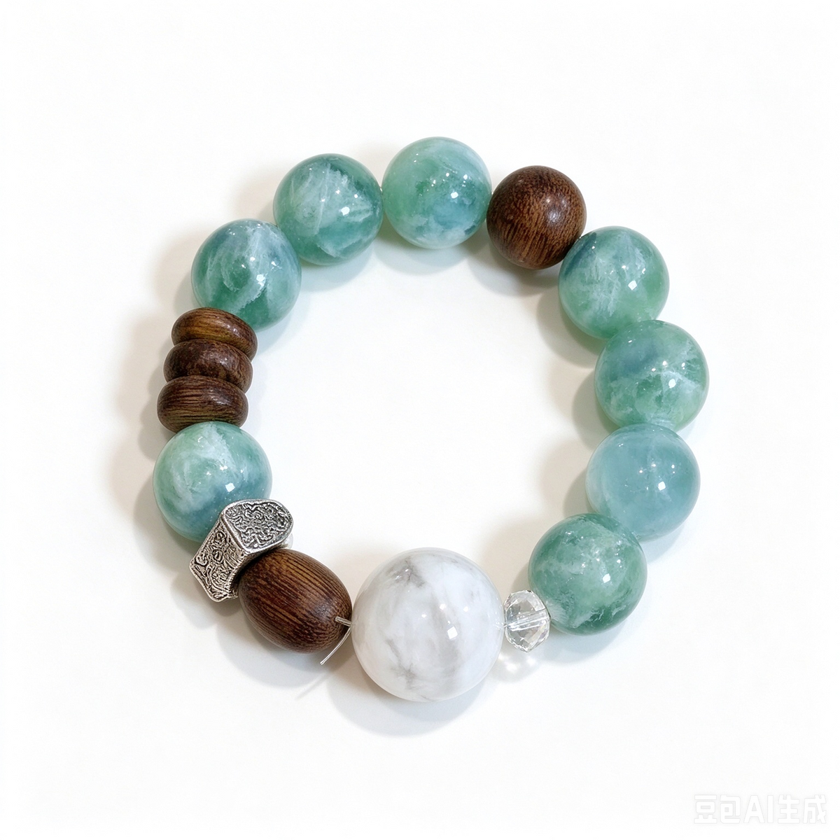 Handmade Green Fluorite Sandalwood Beaded Bracelet, Healing Crystal Gift For Crystal Lovers