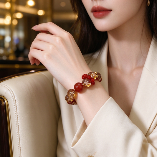 Red Gold Crystal Beaded Bracelet, Handmade Carnelian Style Red Bracelet with Pink Faceted Bead & Red Flower Charm, Women's Daily Wear Spiritual Jewelry