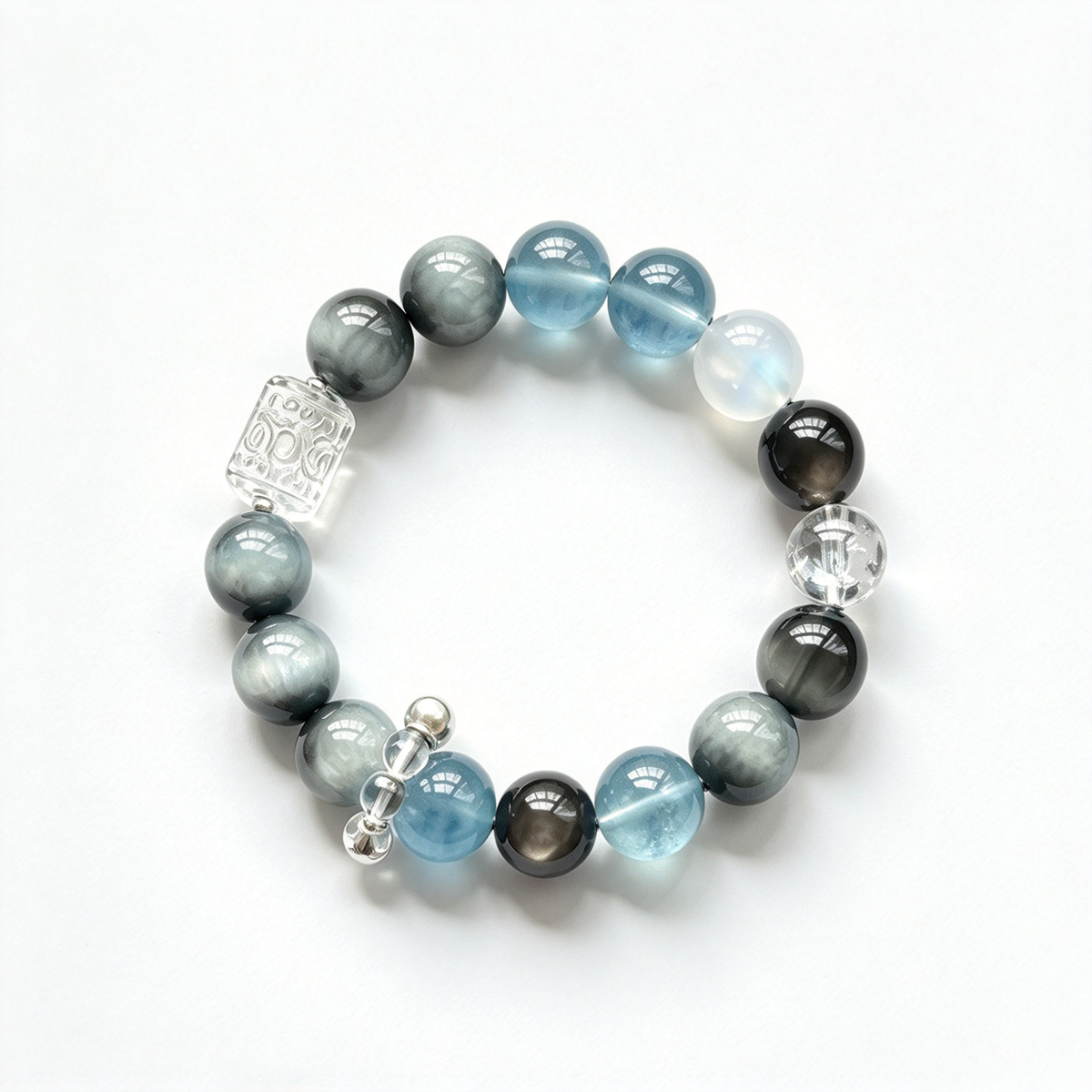 Grey Blue Cat Eye Crystal Beaded Bracelet, Natural Hawk's Eye & Aquamarine Mixed Crystal Bracelet for Women, Spiritual Healing Stone Stretch Bracelet