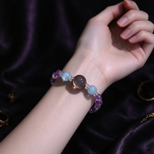 Aqua Blue Aquamarine & Amethyst Smoky Quartz Bracelet | Natural Crystal Handmade Jewelry