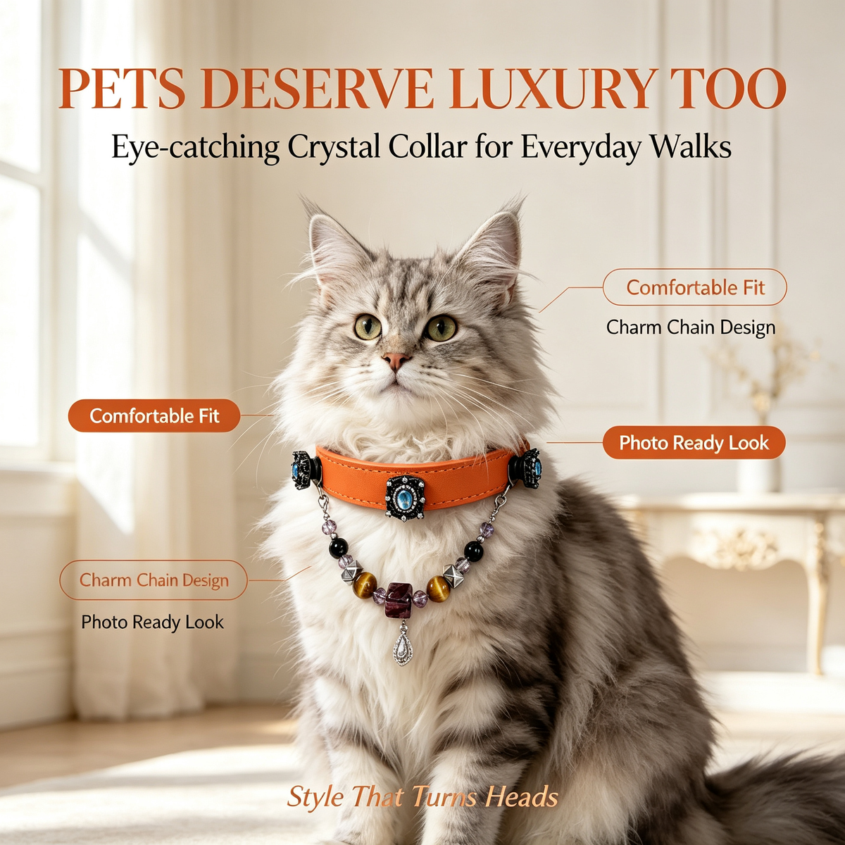Orange crystal pet collar
