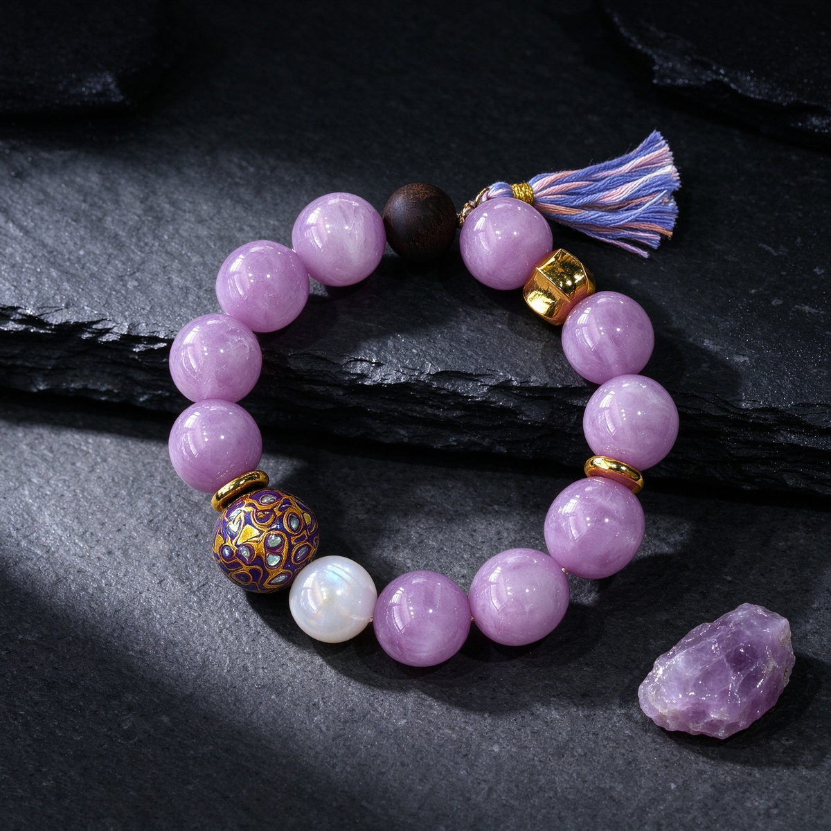 Kunzite Crystal Bracelet with Cloisonne & Tassel, Natural Lavender Kunzite Beaded Bracelet, Unique Bohemian Spiritual Jewelry Gift