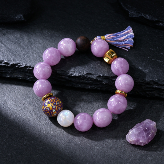 Kunzite Crystal Bracelet with Cloisonne & Tassel, Natural Lavender Kunzite Beaded Bracelet, Unique Bohemian Spiritual Jewelry Gift