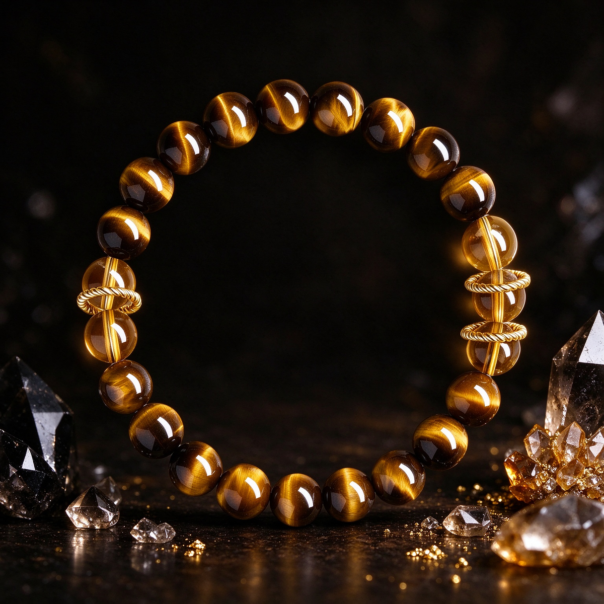 Natural Tiger's Eye Beaded Bracelet with Citrine Accent | Crystal Stretch Bracelet for Wealth & Protection