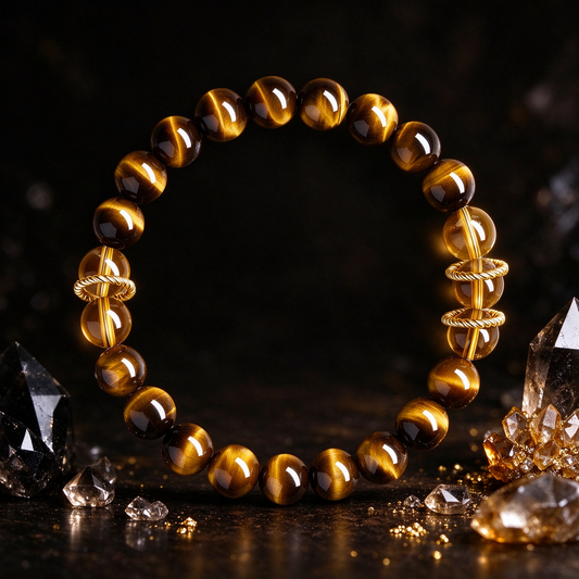 Natural Tiger's Eye Beaded Bracelet with Citrine Accent | Crystal Stretch Bracelet for Wealth & Protection