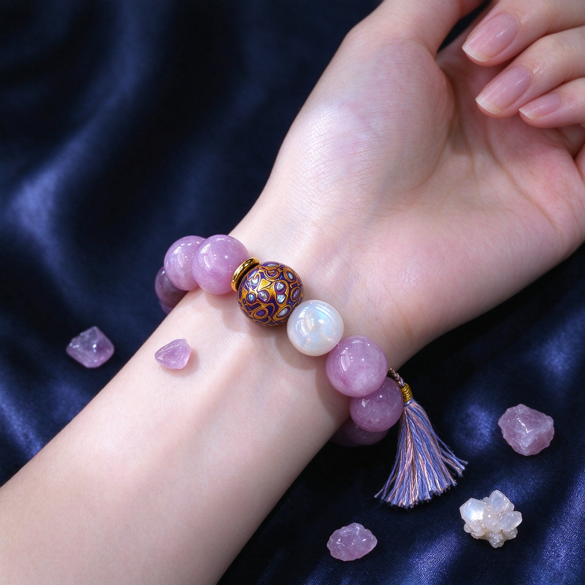 Kunzite Crystal Bracelet with Cloisonne & Tassel, Natural Lavender Kunzite Beaded Bracelet, Unique Bohemian Spiritual Jewelry Gift