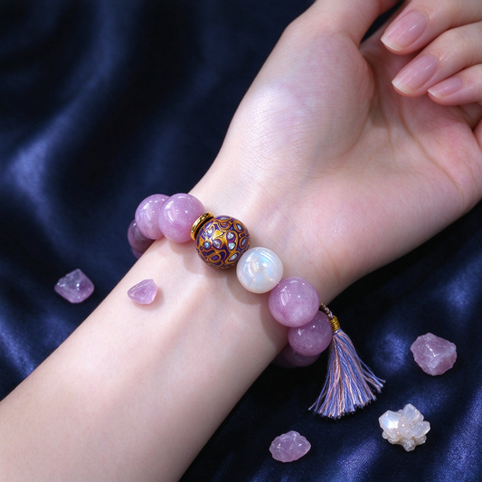 Kunzite Crystal Bracelet with Cloisonne & Tassel, Natural Lavender Kunzite Beaded Bracelet, Unique Bohemian Spiritual Jewelry Gift