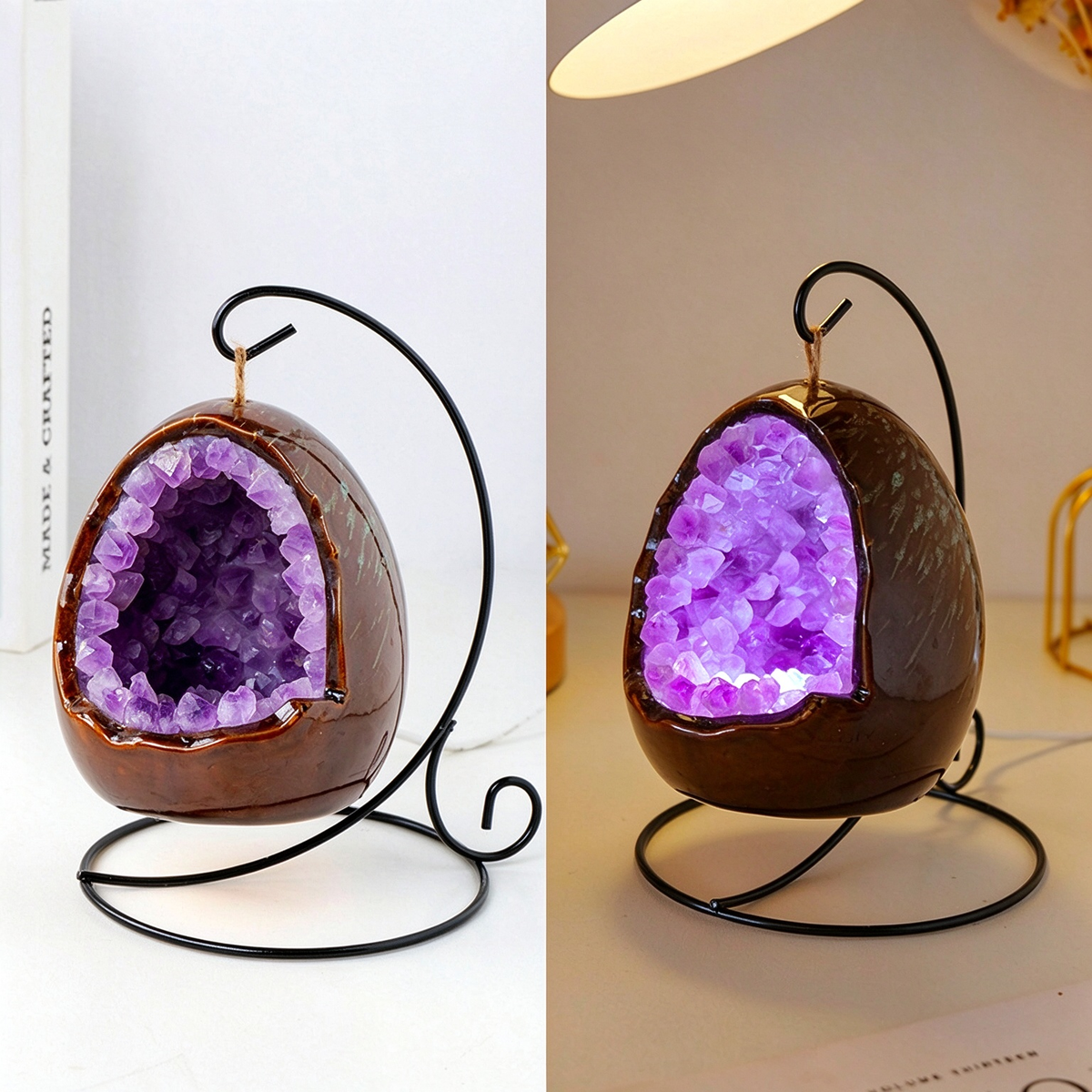 Amethyst Egg Geode Crystal Lamp, Purple Amethyst Cluster LED Nightlight, Spiritual Home Decor & Unique Gift