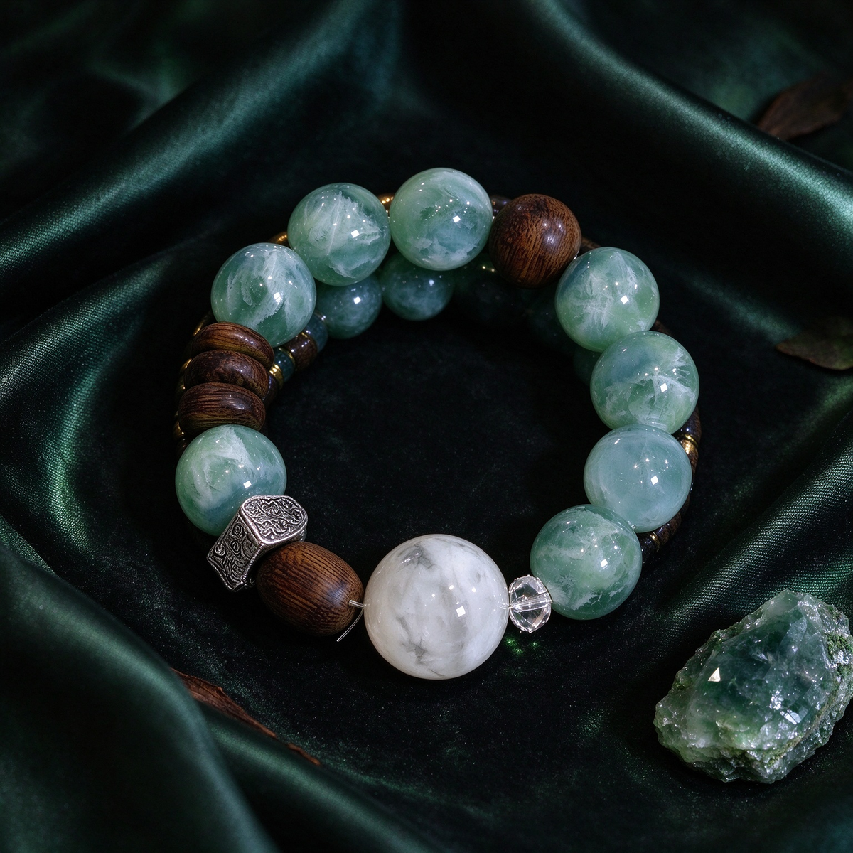 Handmade Green Fluorite Sandalwood Beaded Bracelet, Healing Crystal Gift For Crystal Lovers