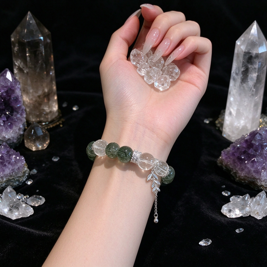 Natural Green Rutilated Quartz White Phantom Clear Quartz Bracelet for Women, Elegant Crystal Stretch Bracelet with Silver Leaf Tassel Charm for Wealth & Good Fortune