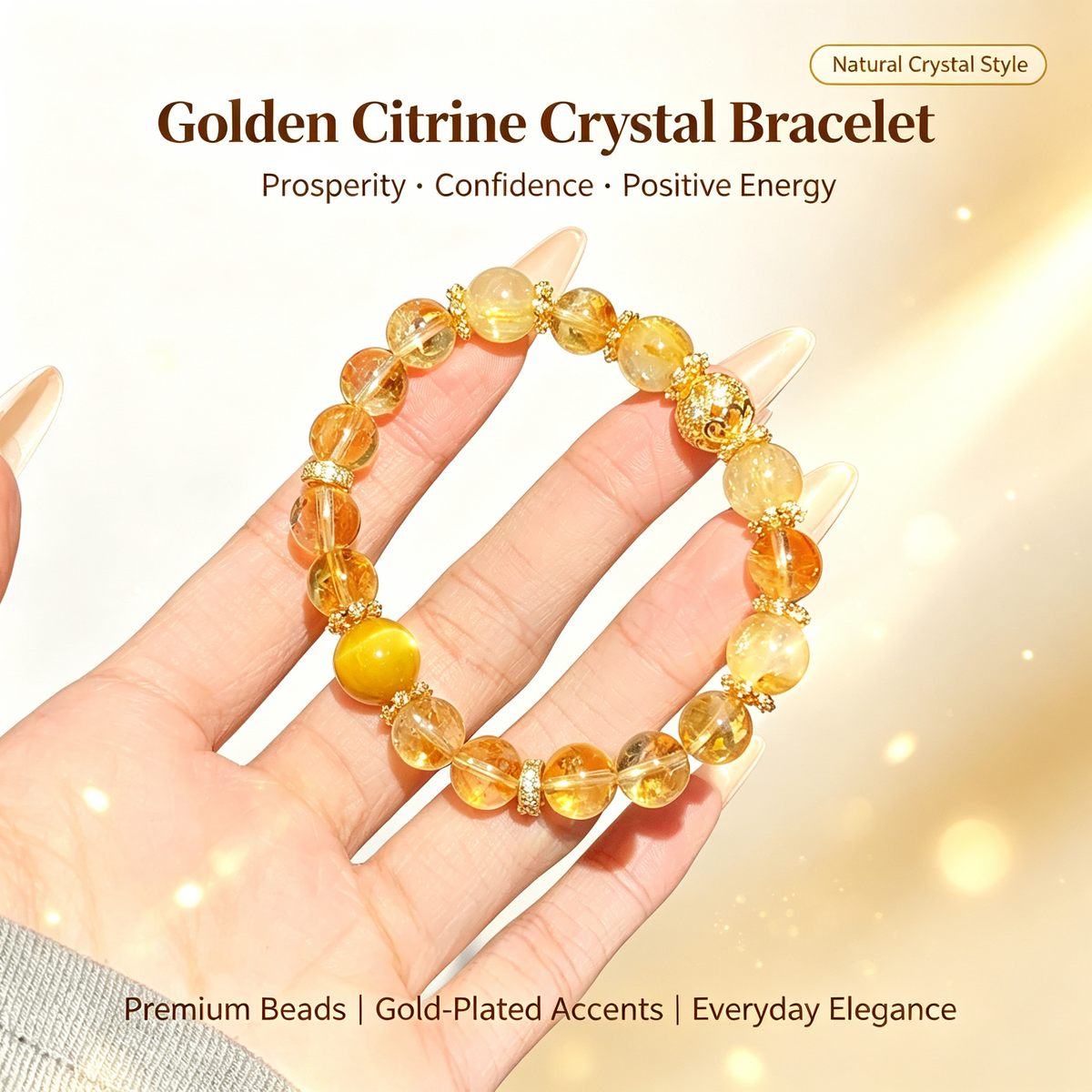 Citrine Crystal Bracelet with Gold Plated Spacers, Natural Golden Quartz Beaded Bracelet for Women, Crystal Jewelry Gift