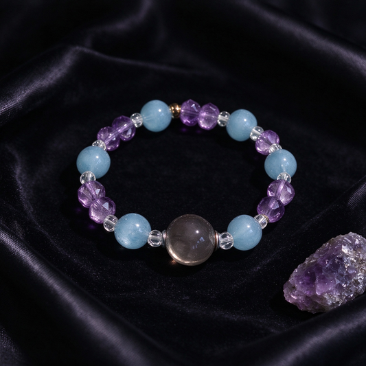 Aqua Blue Aquamarine & Amethyst Smoky Quartz Bracelet | Natural Crystal Handmade Jewelry