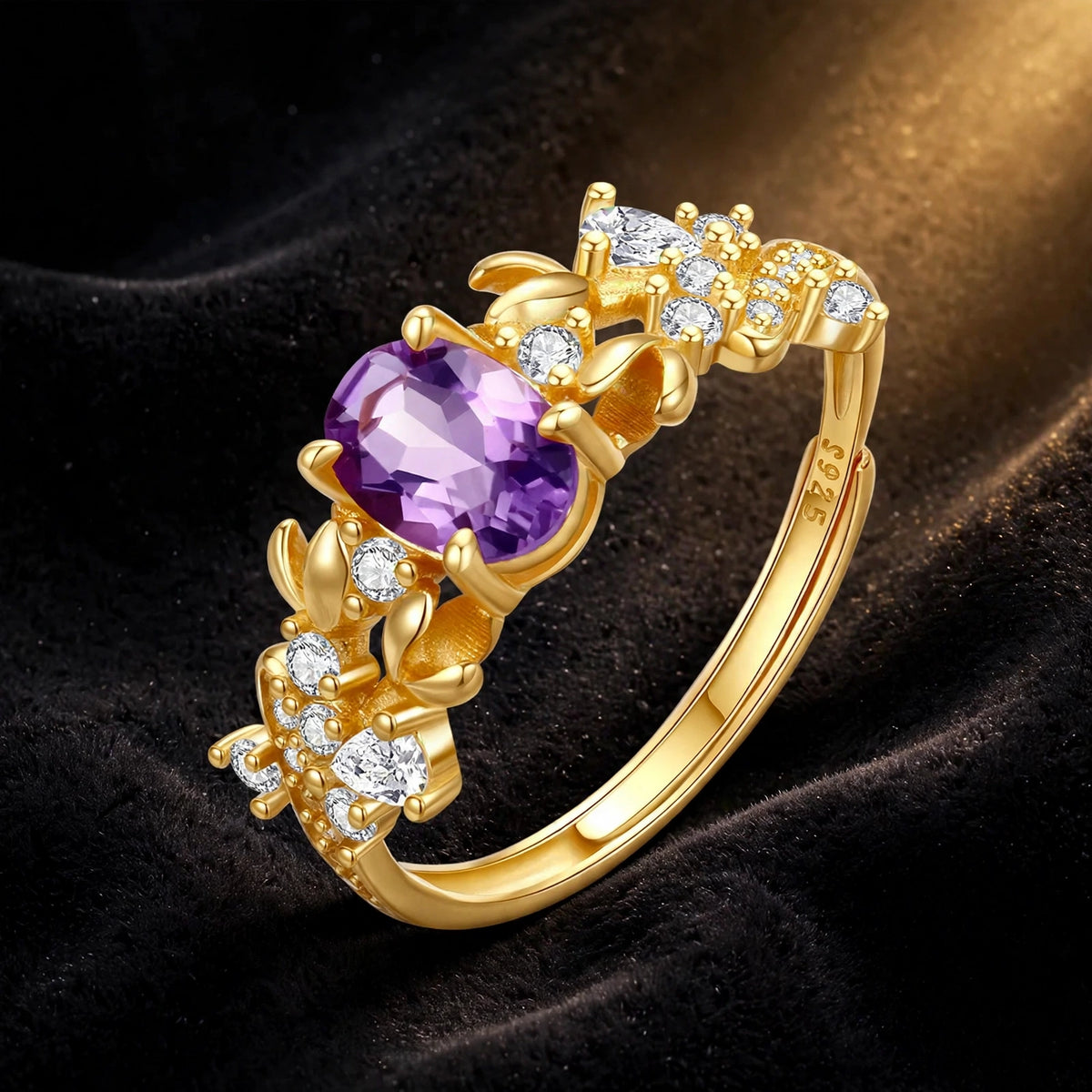 Bauhinia S925 sterling silver ring with amethyst on dark velvet